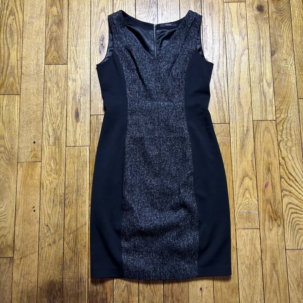Tahari Womens Grey Tweed Colorblock V-Neck Sheath Dress Size 6 Black Office Wear